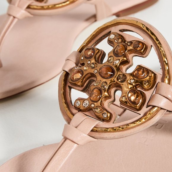 Tory Burch Miller Jeweled Leather Thong Sandals Meadowsweet Peachy Pink - Picture 2 of 14
